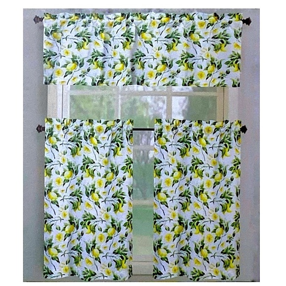 Tribeca Other - Tribeca Cafe Curtain Set Lemon Print 3 Piece Tier Set Fruit Floral White Yellow